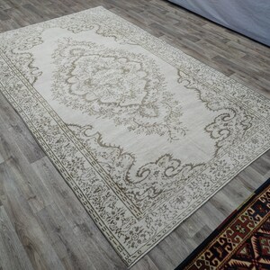 Vintage Turkish Oushak Rug: 5.7x9.4 Beige Wool Area Rug