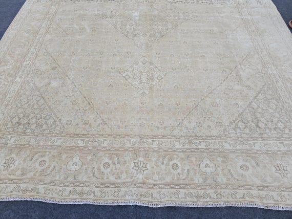 10x12 Vintage Turkish Oushak Oversize Area Rug, Beige Wool Hand-Knotted Rug, Large Home  Carpet, Dining Room, Bedroom Decor 9.7 x 12.4 ft