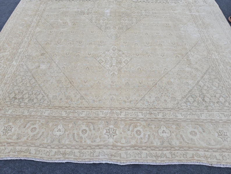 May include: A cream-colored rug with a subtle floral pattern and a border of intricate designs. The rug has a fringed edge.