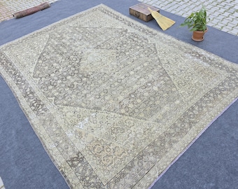 9x12 Vintage Turkish Oushak Wool Area Rug, Brown Beige Oversize  Rug, Hand-Knotted Large Carpet, Living Room, Dining Room Decor 8.7 x 11.7