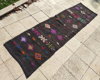 Tappeto da corridoio in pelo di capra fatto a mano: arredamento rustico nero vintage (2&#39;23x7&#39;51)