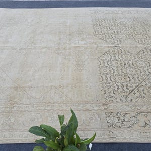 May include: A vintage cream-colored rug with a delicate floral pattern in black. The rug has a border with a more intricate design.