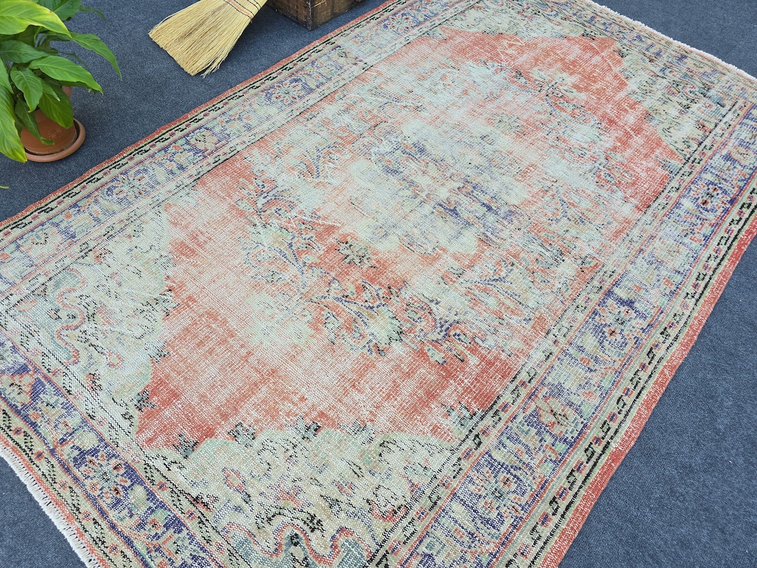 5x8 Pale Red Color Rug, Faded Area Rug, Vintage Wool Rug, Rustic Anique ...