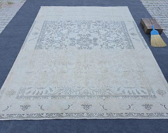 9x12 Vintage Oushak Oversize Area Rug, Handmade Wool Large Area Rug, Beige Black Hand-Knotted Carpet, Dining Room Decor 8.9 x 12.3 ft