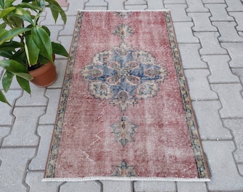 Handgemaakt vintage Turks tapijt van 2x4 meter, lichtrood en blauw, boho-stijl, handgeknoopt wollen tapijt