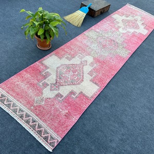 3 x 12 Vintage Runner Rug, Neutral Runner Rug, Red And Beige Runner, Turkish Wool Runner, Hand Knotted Runner, Kitchen Runner 2&#39;79 x 11&#39;65