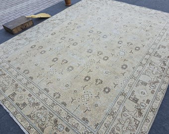 10 x 13 Neutral Wool Rug, Beige Brown Rug, Vintage Anique Large Rug, Oushak Custom Rug, Traditional Muted Rug, Handmade Area Rug 10 x 13