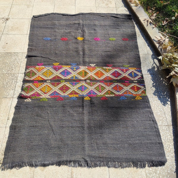 5x6 made of goat hair cecim, Turkish area rug, handmade black area rug, bedroom rustic rug, home decor rug, vintage area rug, 4'6x6'4 rug