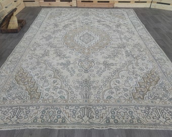 9 x 12 Vintage Oushak Rug, Hand-Knotted Wool, Neutral Decor, 1970s Turkish Area Rug