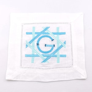 Plaid Frame Embroidered Linen Cocktail Napkins with Monogram, Set of 4