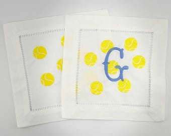 Tennis Themed Embroidered Cocktail Napkins - Monogramming Available - Wimbledon