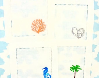 Beach Themed Linen Cocktail Napkins, Monogramming Available - Mix and Match