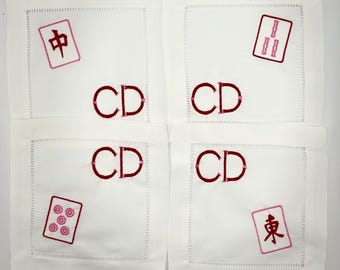 Mah Jong Set of 4 Linen Hemstitch Cocktail Napkins - Customize the Colors