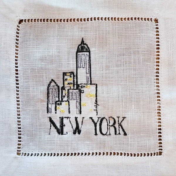 Let's Hear It For New York! Set of Four White Linen Hemstitch Cocktail Napkins Featuring Iconic NYC