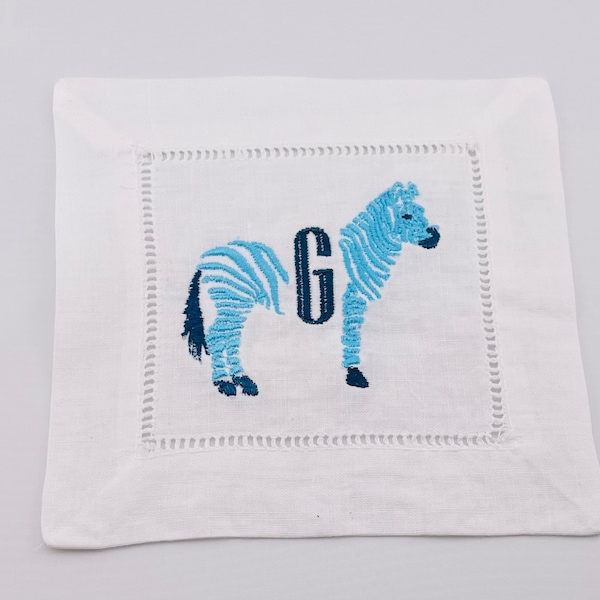 Serviettes à cocktail en lin brodées de zèbre avec monogramme, ensemble de 4