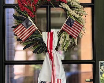 Memorial Day, 4th of July, 250th Birthday - White Holiday Wreath Sash with Double Flags and Custom Monogram