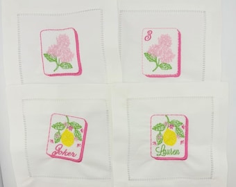 Mah Jong Set of 4 Linen Hemstitch Cocktail Napkins - Customize the Colors