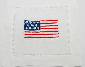 American Flag Linen Cocktail Napkins, Set of 4, Monogramming Available