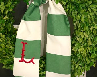 Green and White Striped Wreath Sash with Custom Monogram