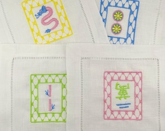 Mah Jong Set of 4 Linen Hemstitch Cocktail Napkins - Customize the Colors