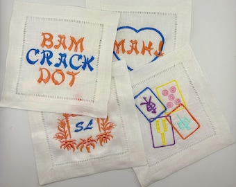 Mah Jong Set of 4 Linen Hemstitch Cocktail Napkins - Customize the Colors