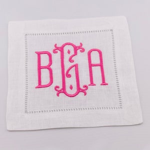 Linen Hemstitch Cocktail Napkins with Monogram in Vienna Font, Pink