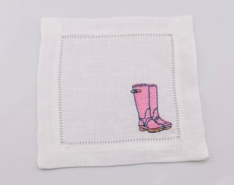 Rainboots, Embroidered Linen Cocktail Napkins, Set of 4, Monogrammable