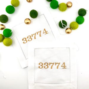 Zipcode Linen Cocktail Napkins, Set of 4, Custom Zipcode and Color, Monogramming Available