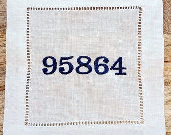 Zipcode Linen Cocktail Napkins, Set of 4, Custom Zipcode and Color, Monogramming Available