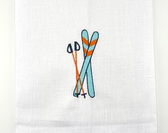 Festive Ski Hand Towel - Linen Hemstitch