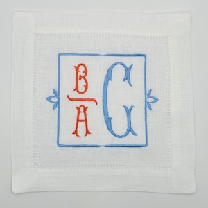Embroidered Linen Cocktail Napkins with Monogram, Lizzie Frame, Set of 4