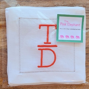 Monogrammed White Linen Cocktail Napkin in Hudson Font, Set of 4