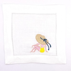 Sunbathing Ladies Linen Cocktail Napkins, Set of 4, Monogramming Available