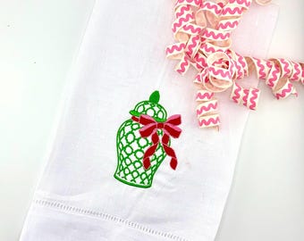 Valentine Ginger Jar with Red and Pink Bow - Linen Hemstitch Tea Towel