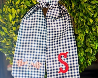 Memorial Day, 4th of July, 250th Birthday - Navy Gingham Holiday Wreath Sash with Custom Monogram