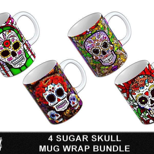 Sugar Skull Mug Wrap Bundle | Stained Glass Skull Mug Design | Day of the DeadPNG | Sugar Skull Design | Cinco de Mayo PNG