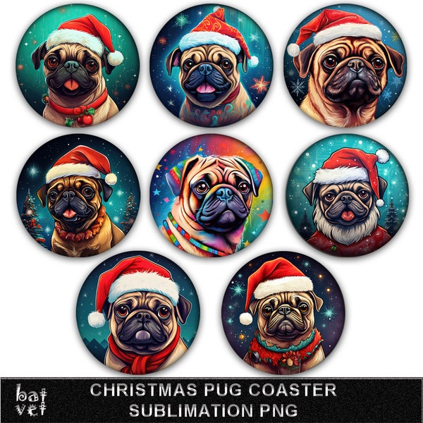 Christmas Pug Coaster Sublimation | Christmas Dog Coaster PNG | 8 Xmas Coaster Designs