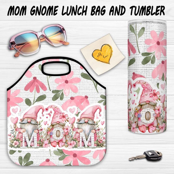 Pink Floral Mom Gnome Lunch Bag plus Tumbler Sublimation PNG Print Design Bundle