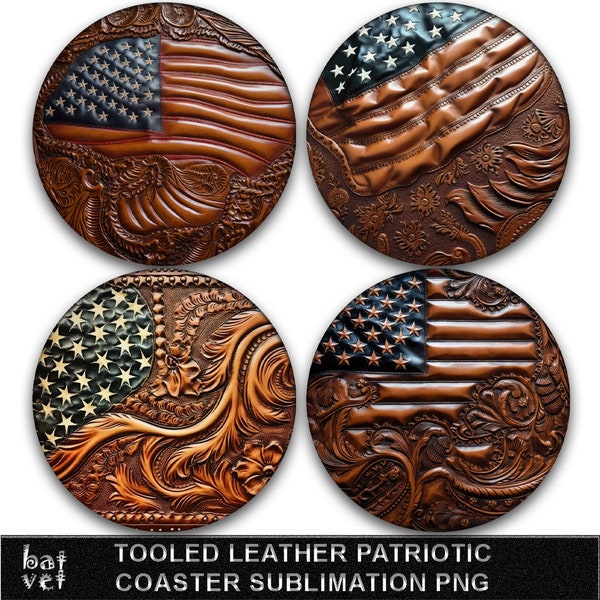 Tooled Leather USA Flag Coaster Sublimation Design PNG | Patriotic Square Coaster Bundle | 4 PNG Designs