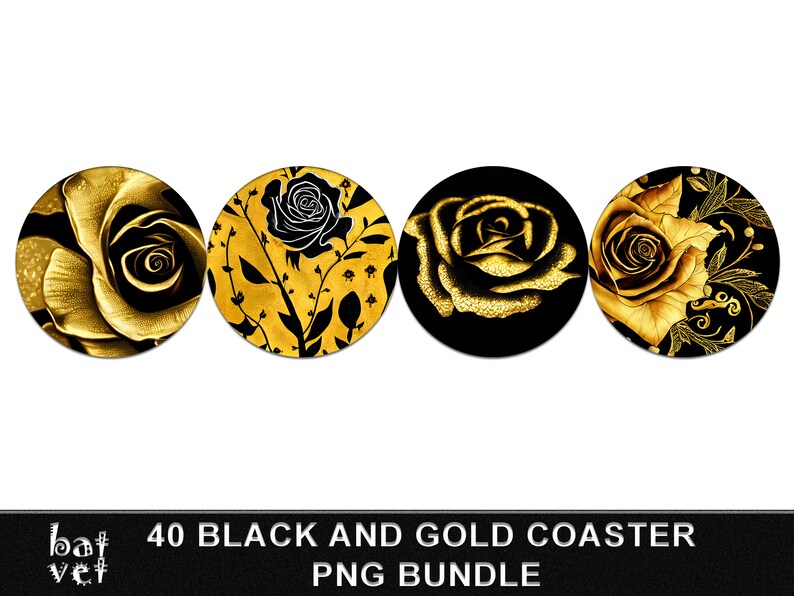 Black and Gold Coaster Bundle Roses Square Coasters PNG Etsy