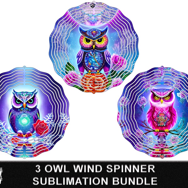 Cute Owl Wind Spinner Bundle | Rainbow Owl Design | Floral Owl Print Spinner | Owl Sublimation Wind Spinner | Owl Garden Decor PNG Bundle