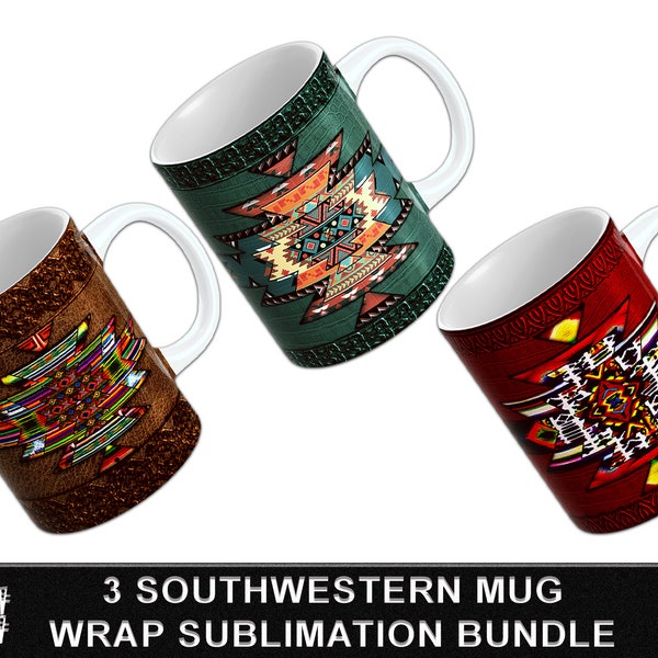 Aztec Mug PNG Bundle | Southwestern Coffee Mug Sublimation | Tooled Leather Mug Wrap Design | Aztec Pattern PNG Mug | Southwest Mug Wrap
