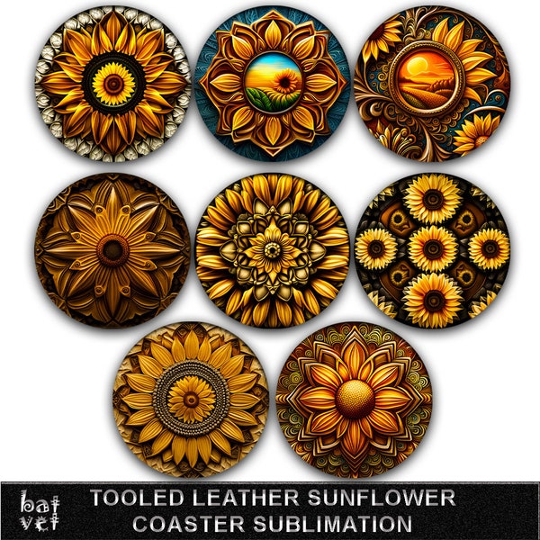Tooled Leather 3D Sunflower Coaster Bundle | 3D Sunflower Earring PNG | 3D Sunflower Keychain Design Print | 8 PNG Designs
