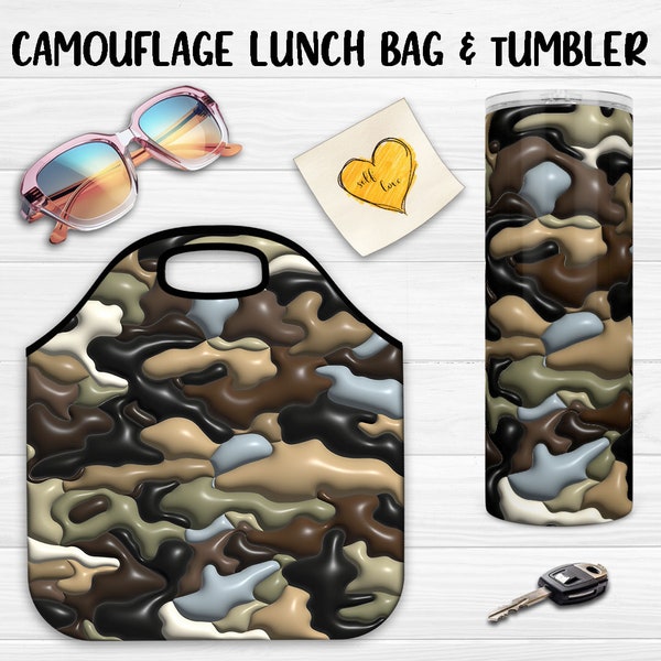 3D Inflated Camouflage Lunch Bag plus Tumbler Wrap Sublimation PNG Design