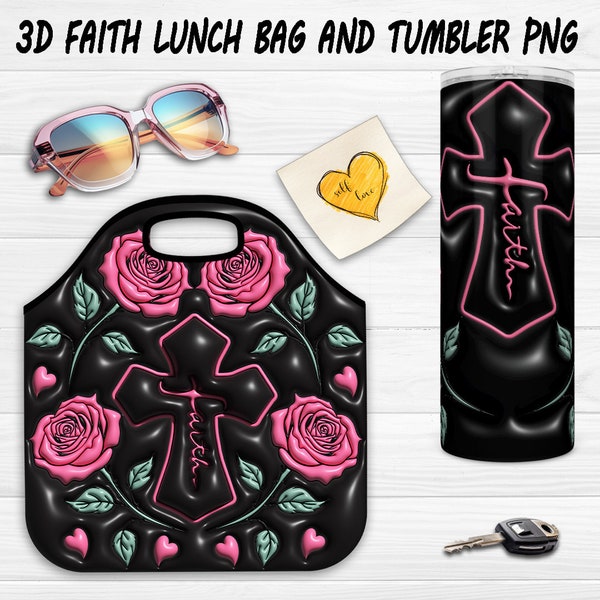 3D Inflated Faith Lunch Bag plus Tumbler Wrap Sublimation PNG Bundle