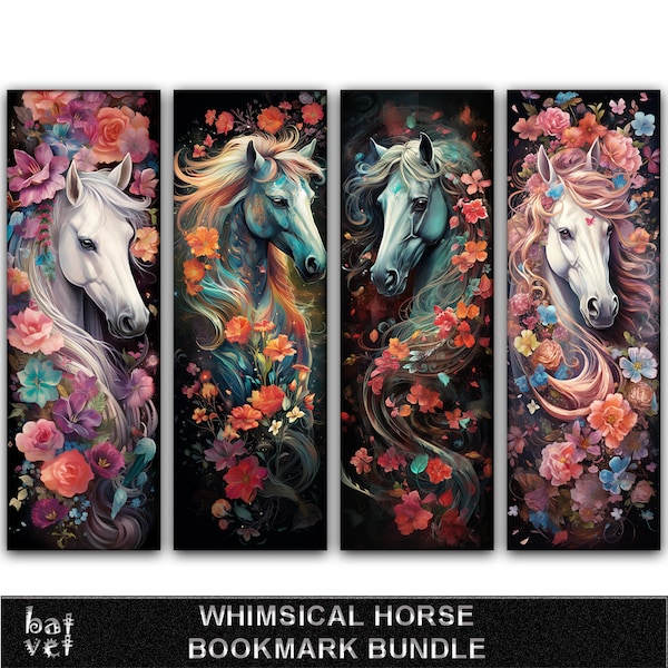 Floral Horse Bookmark Sublimation Bundle | Boho Horse Bookmark PNG | 4 PNG Files