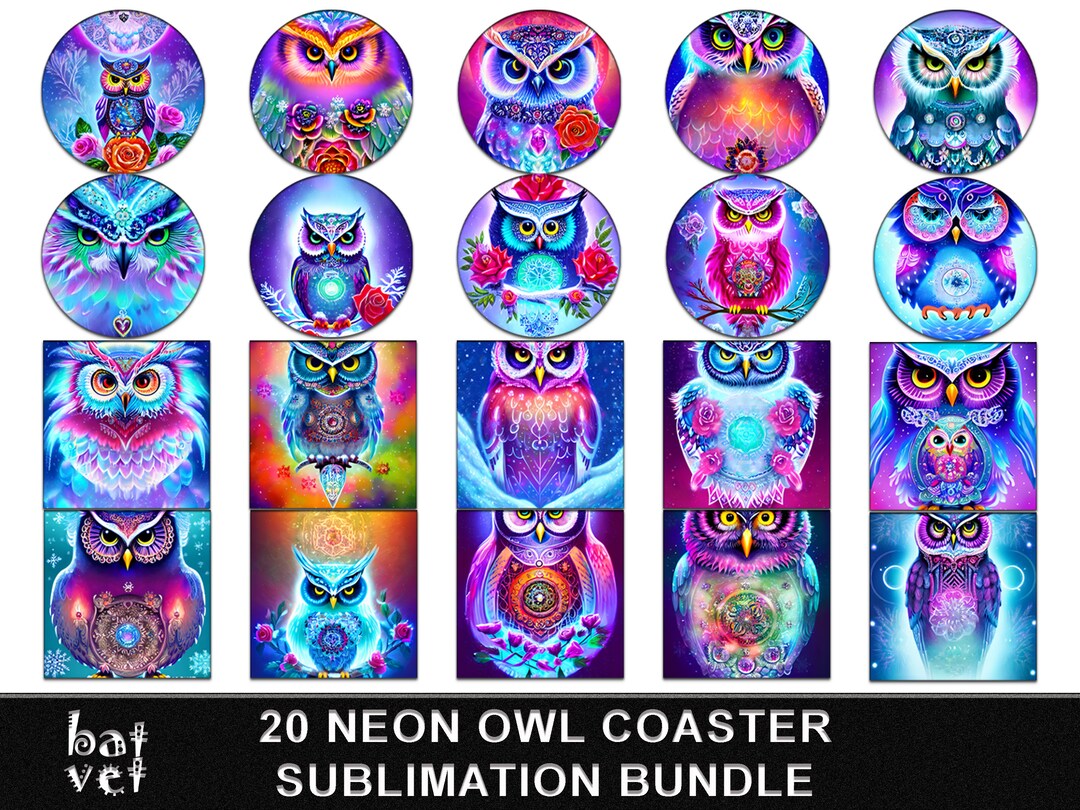 Neon Owl Coaster Bundle Rainbow Owl Square Coaster Design Etsy