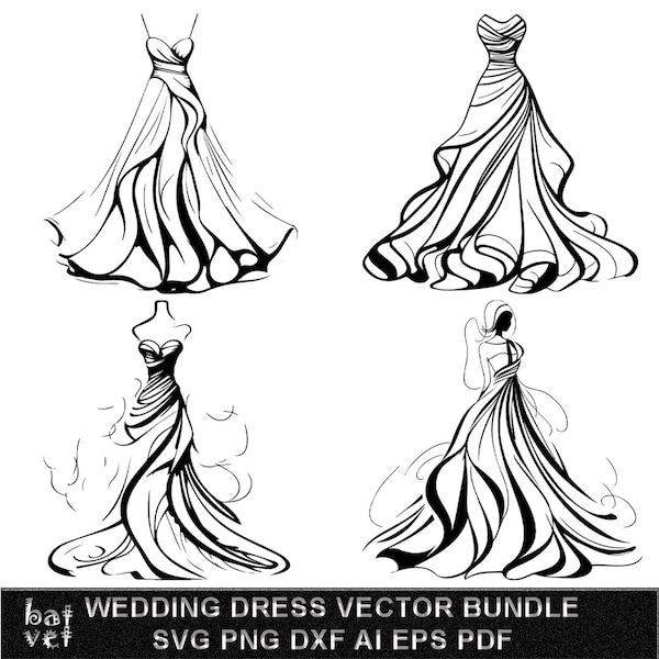 Wedding Dress SVG Vector File Design | Wedding Dress Clipart | 4 Cut File Designs