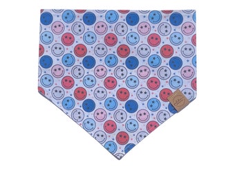 pawty in the usa | snap on 4th of july dog bandana | red white & blue happy dog bandana | colorful summer pet scarf