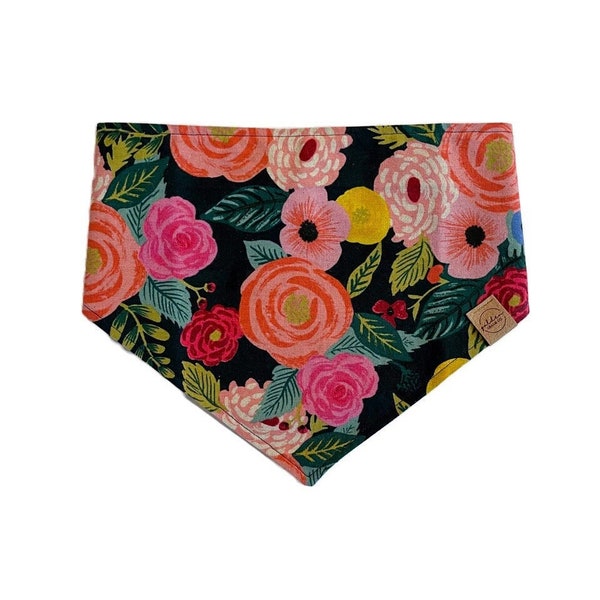 rifle paper co juliet rose on navy dog bandana | blue floral snap on pet scarf | english garden canvas dog bandana